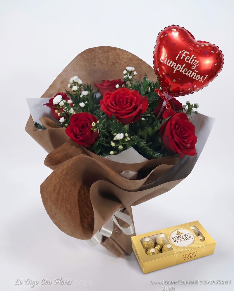 ramo de rosas con chocolate y globo