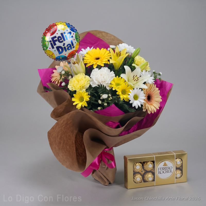 ramo de floress con chocolate y globo