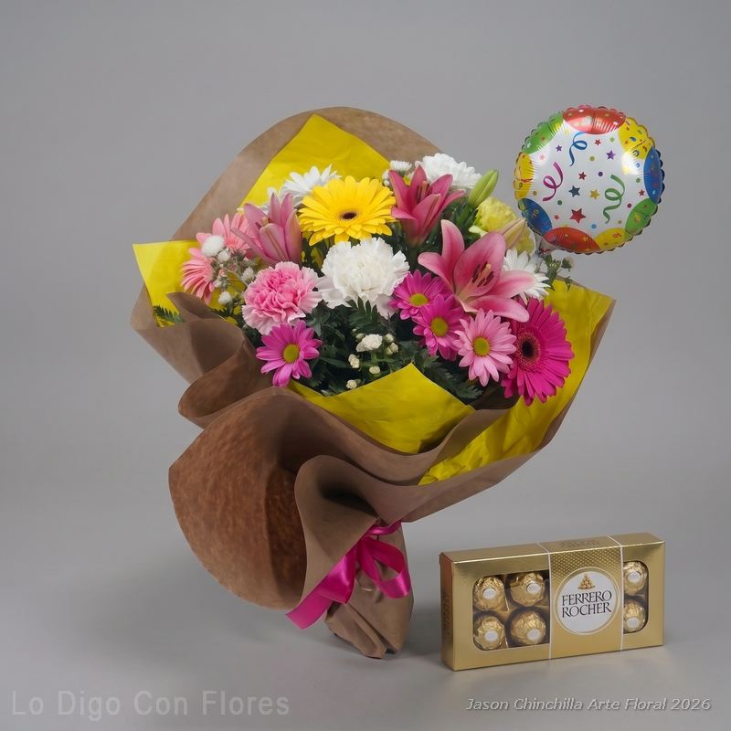 ramo de flores con chocolate y globo para entrega