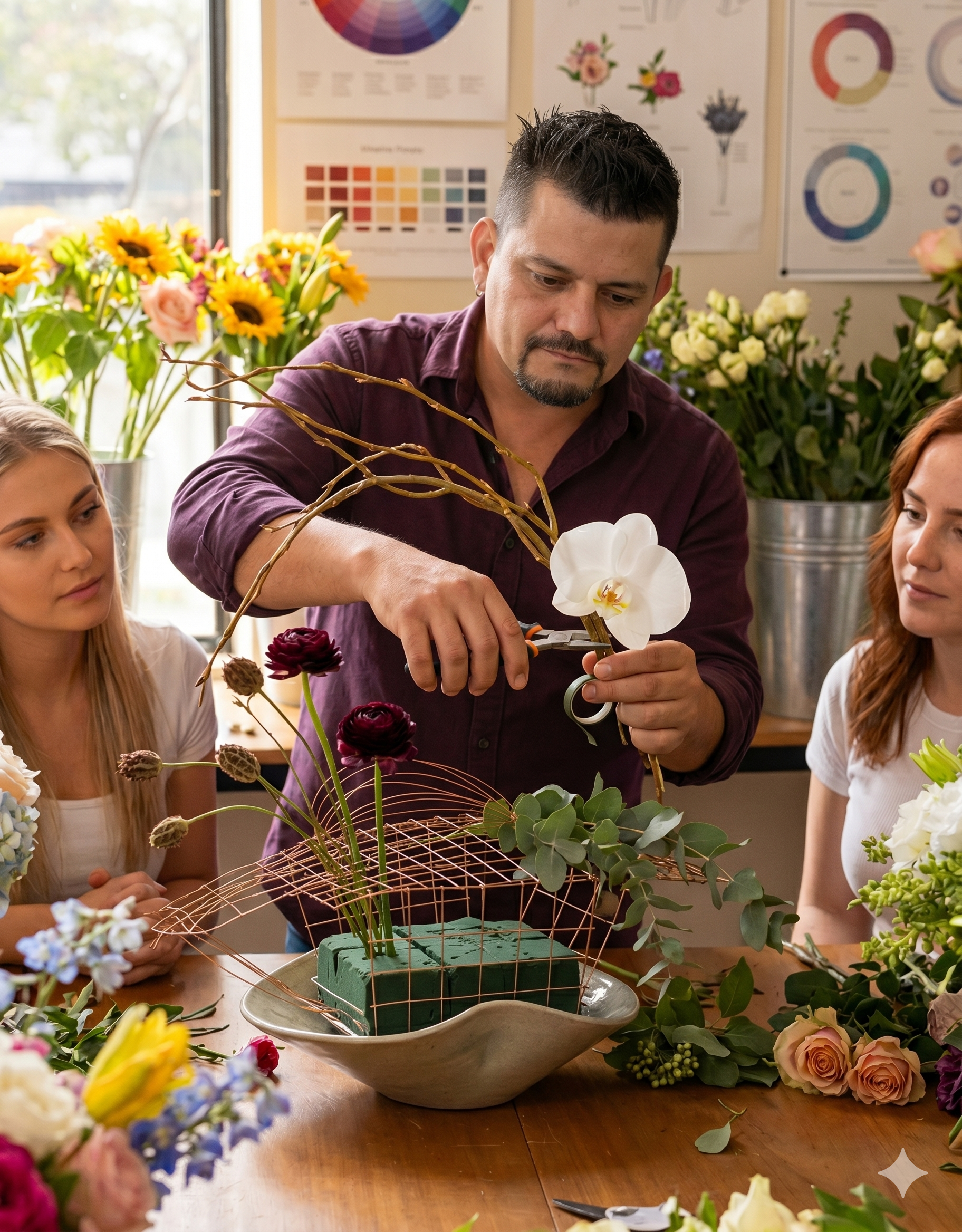 Estudiantes trabajando diseño floral