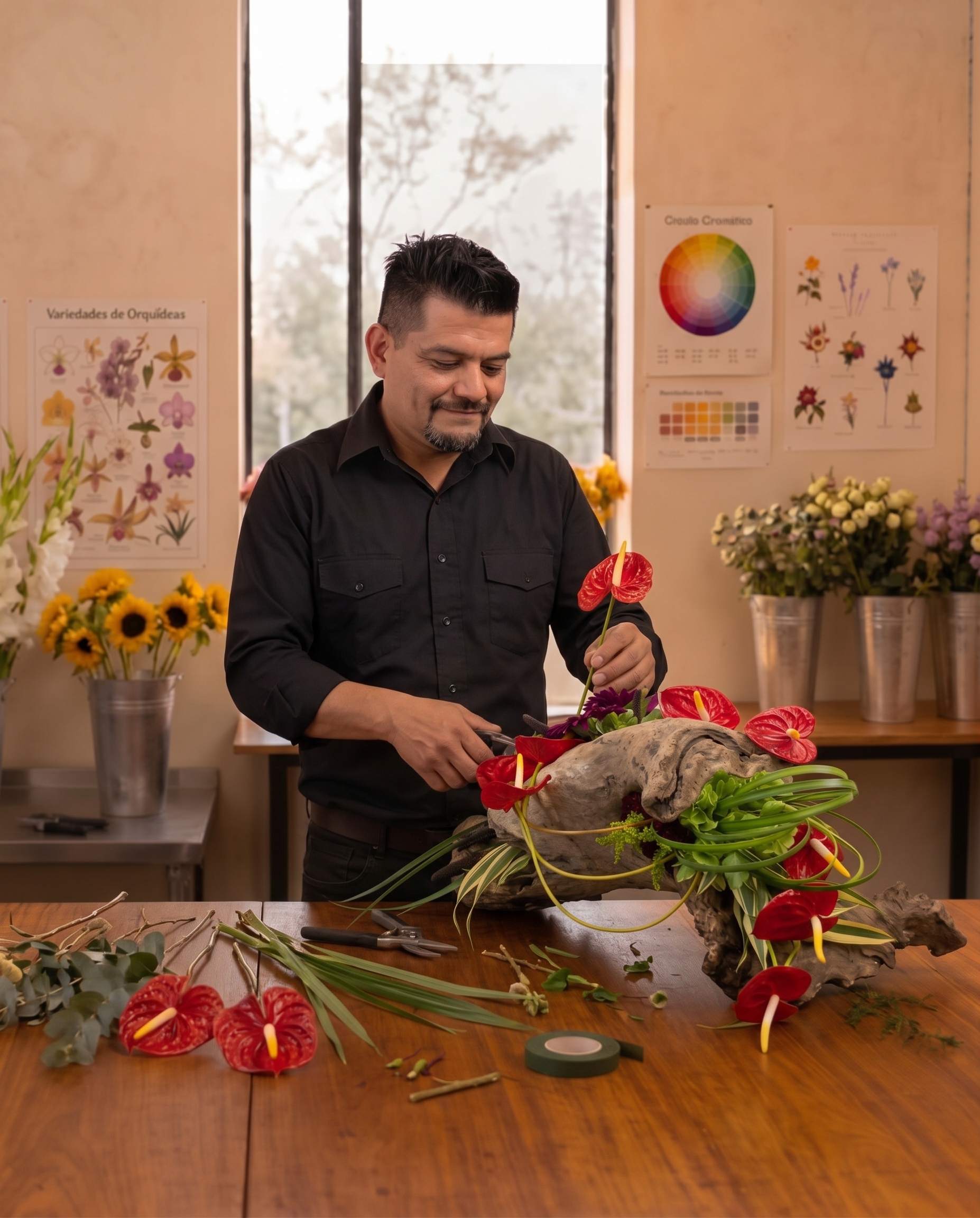 Jason Chinchilla trabajando en diseño floral